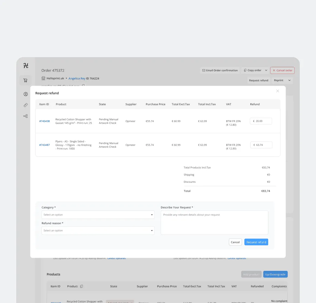 Guided refund request flow with built-in validations to prevent errors.