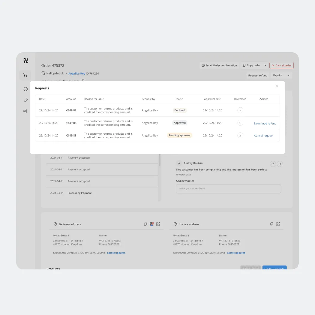 Clear overview of refund requests with status, actions, and key information.